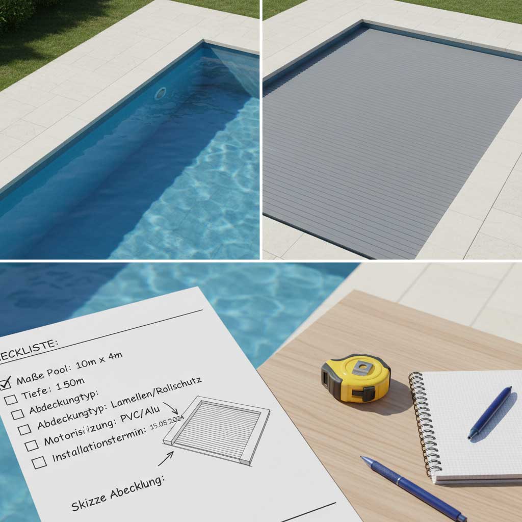 Das Bild zeigt den Pool mit und ohne Abdeckung, Checkliste, Maßband, Stift und Notizbuch.