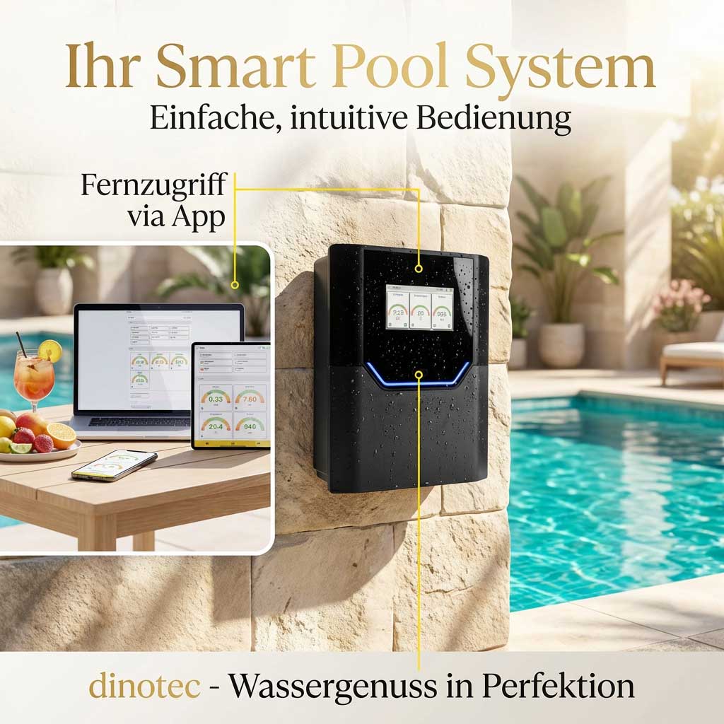 Intelligentes Poolkontrollsystem, montiert an einer Steinmauer in der Nähe eines Schwimmbades.
