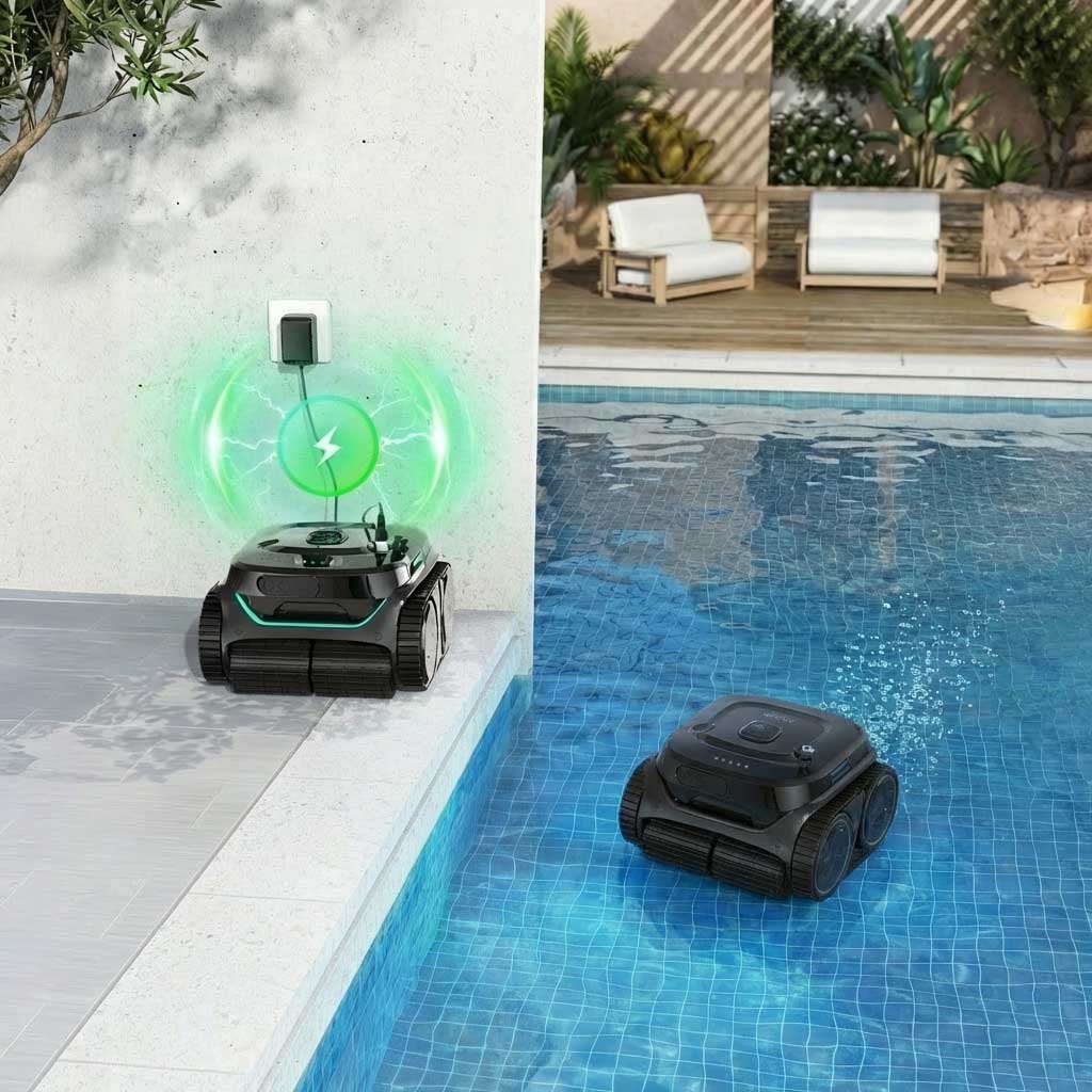 Ein Roboter-Poolreiniger, der auf einem Pooldeck aufgeladen wird und unter Wasser in einem gefliesten Pool arbeitet.