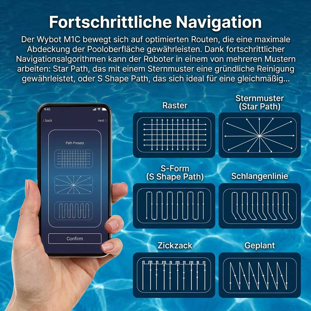 Smartphone zeigt Navigationsmuster und Voreinstellungen für die Poolreinigung an.