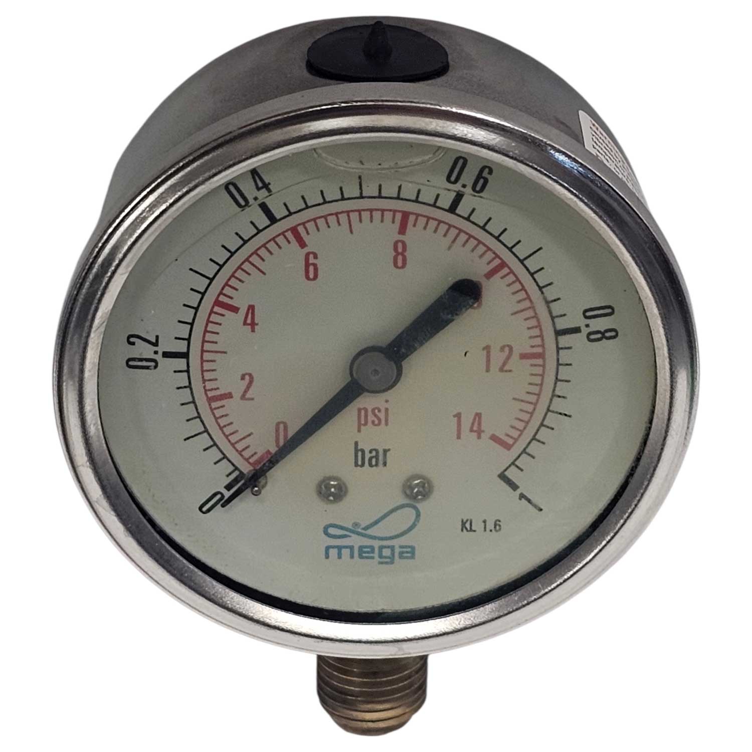 Manometer zeigt Messwerte in psi und bar an.