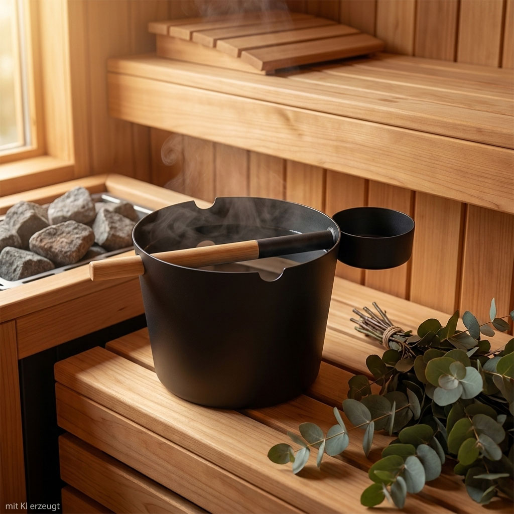 Ein schwarzer Saunakübel mit Holzgriff und passender Schöpfkelle gefüllt mit dampfendem Wasser.