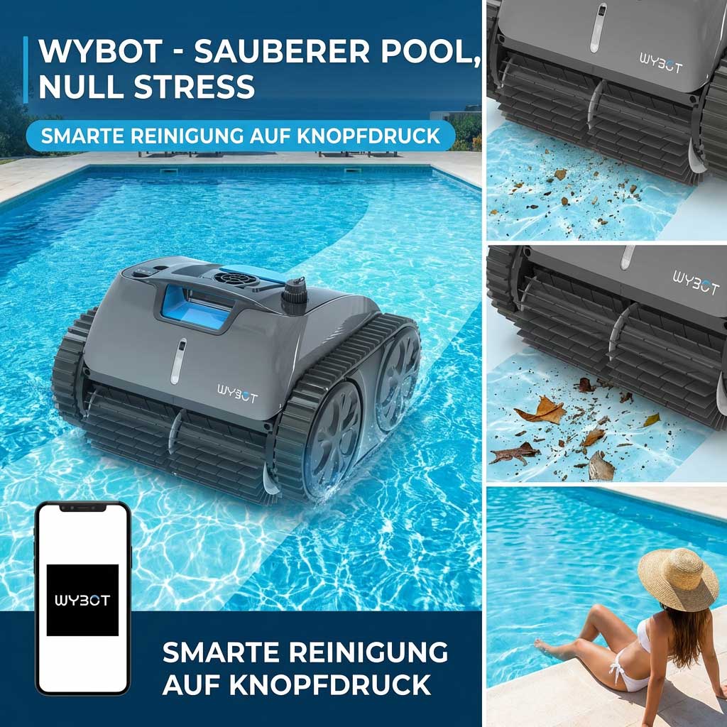 Automatisierter Poolreiniger, der in einem Schwimmbad arbeitet und Schmutz entfernt.
