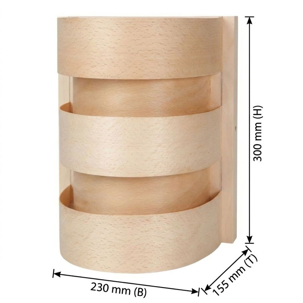 Länglicher Sauna-Lichtschirm aus Holz mit den Abmessungen 300 mm Höhe, 230 mm Breite und 155 mm Tiefe.