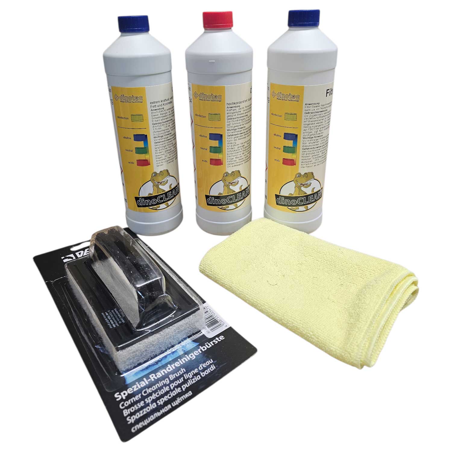 Drei Reinigungsflaschen, eine Eckenreinigungsbürste und ein Mikrofasertuch.