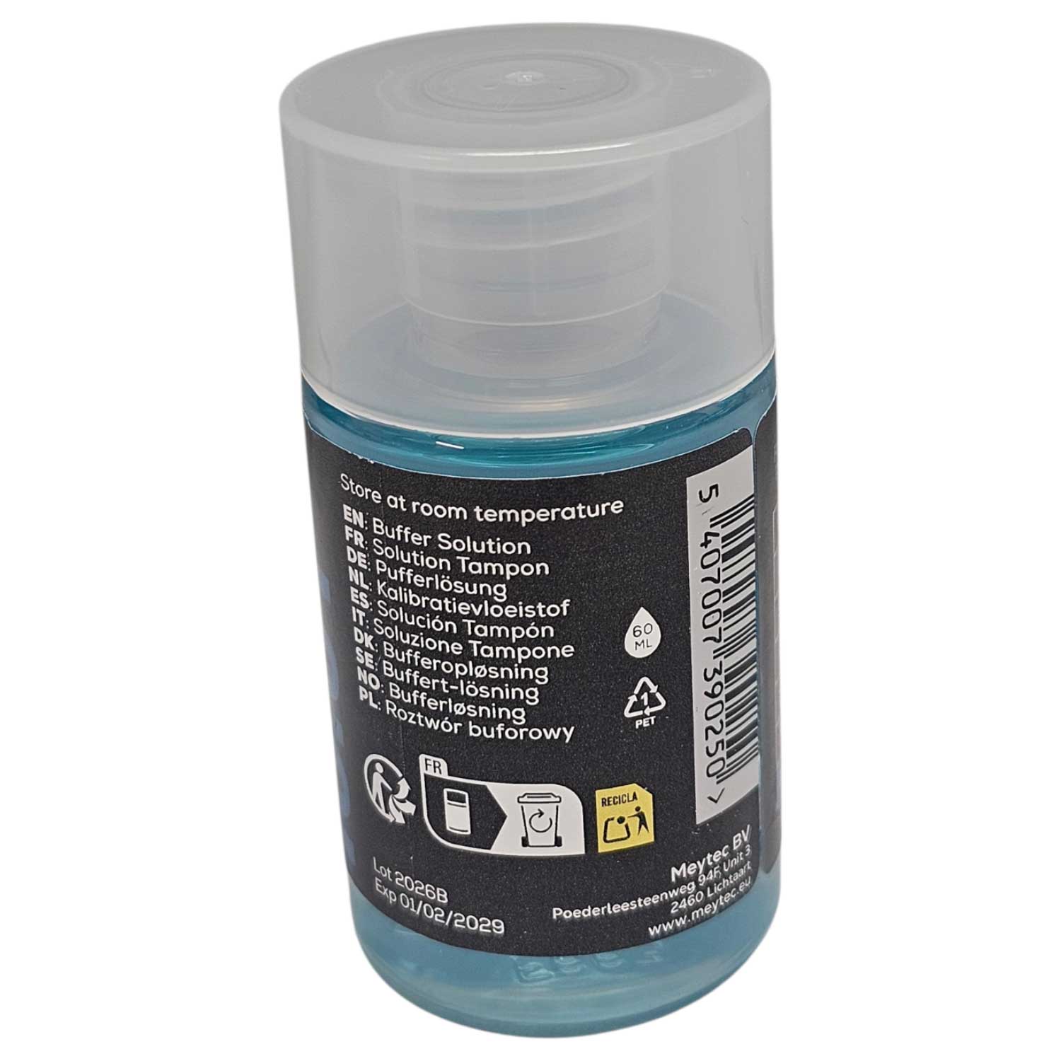 60 ml Pufferlösung in einer transparenten Plastikflasche mit Schraubverschluss.