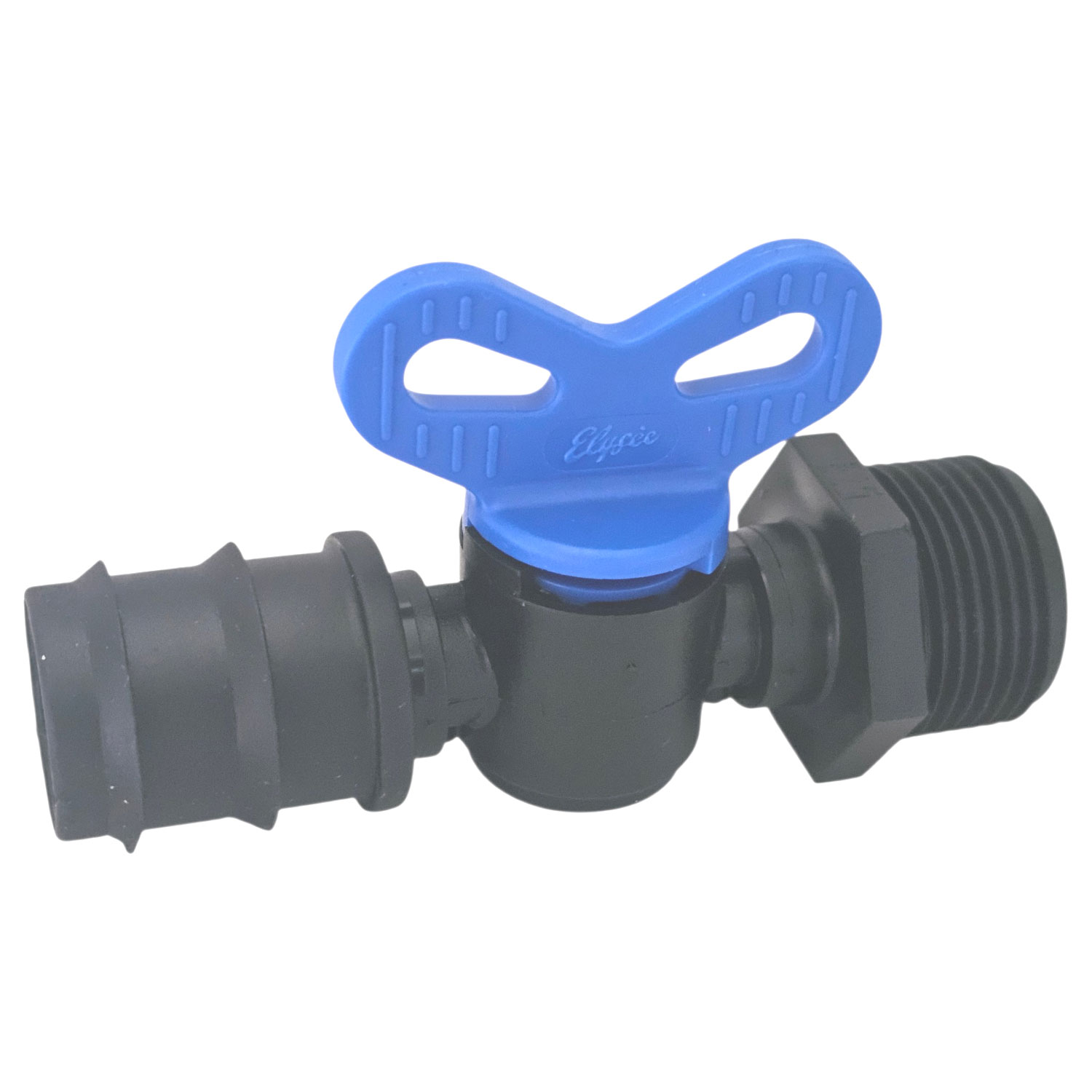 Schwarzes Ventil mit blauem Griff zur Steuerung des Wasserflusses.