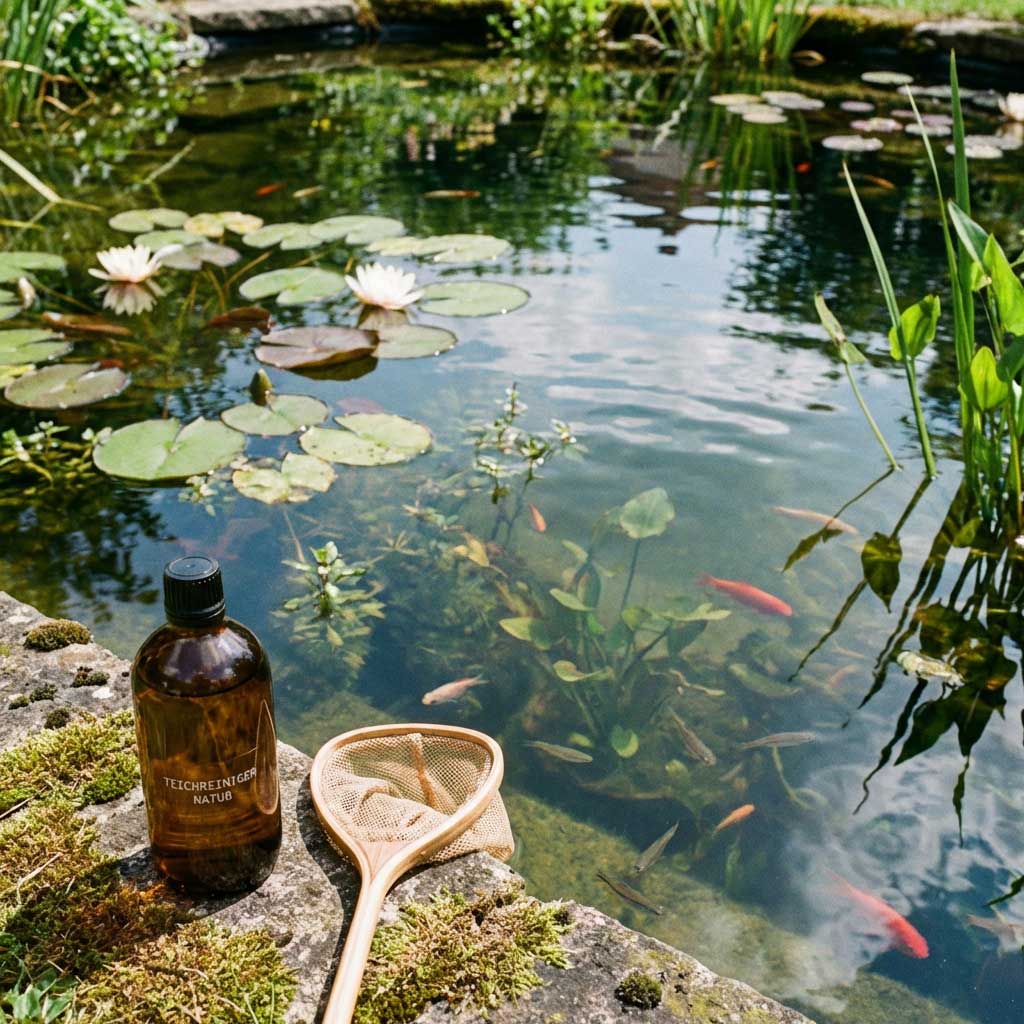 Aquatisches Ökosystem mit Gewässer, Wasserpflanzen, Fischen, Teichreiniger und Skimmerkescher.