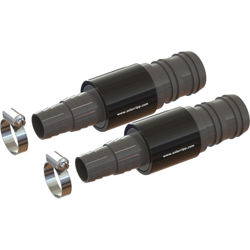 Zwei schwarze und graue Schlauchanschlüsse mit Edelstahl-Schlauchklemmen auf weißem Hintergrund.