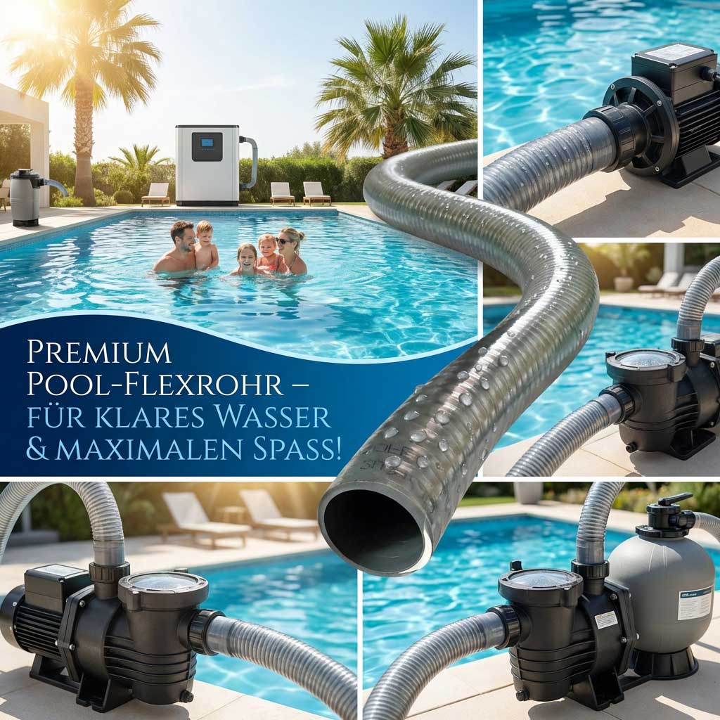 Flexibler Poolschlauch, der an ein Filtersystem neben einem Schwimmbad angeschlossen ist.