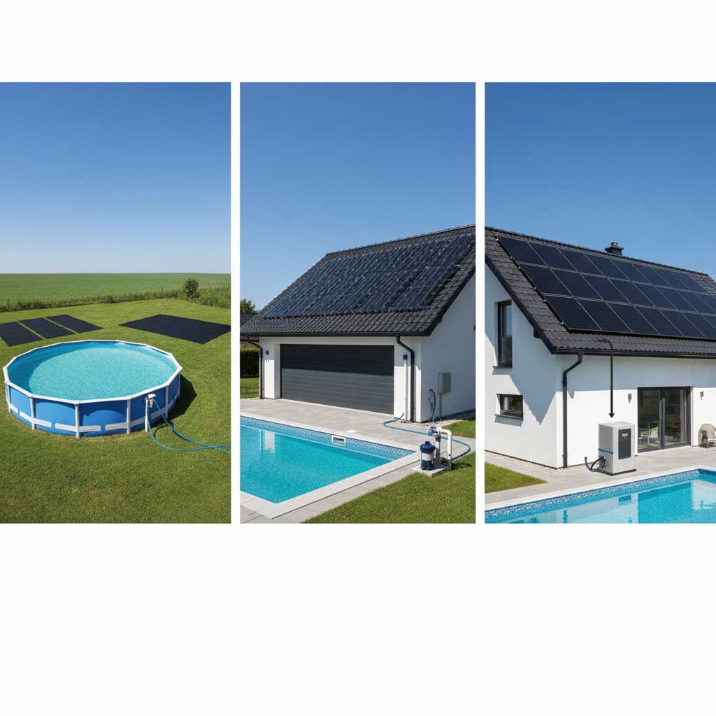 Zusammengesetztes Bild, das einen runden Pool mit Solarpaneelen und einen in den Boden eingelassenen Pool mit Wärmepumpe sowie ein Haus mit Solarpaneelen zeigt.