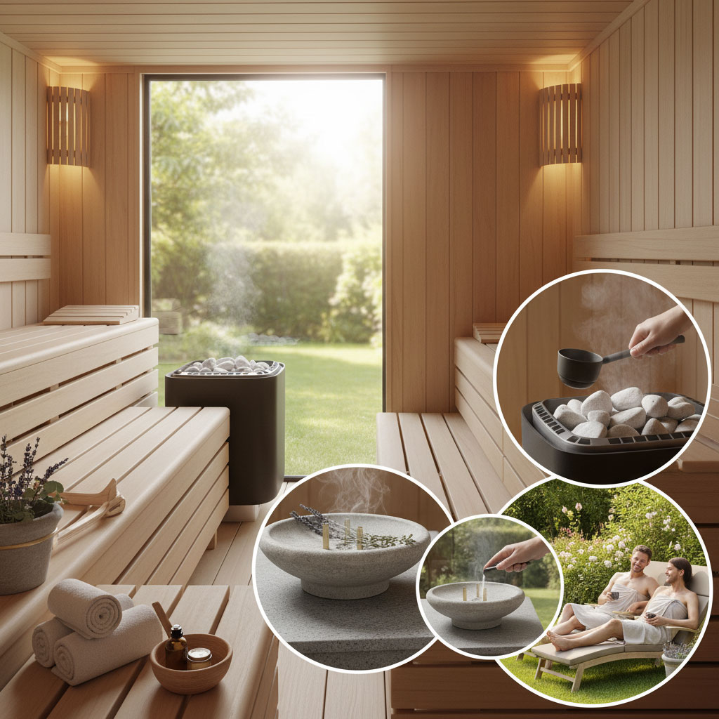 Saunaofen mit Steinen, Aufgusskelle, Duftschale und entspannendes Paar im Garten.