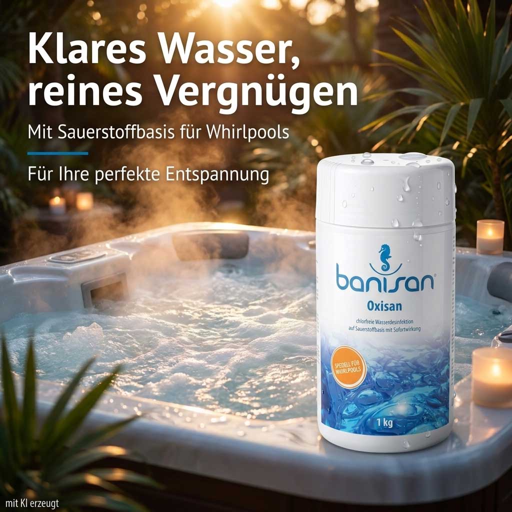 Eine weiße Plastikflasche mit Wasserdesinfektionsmittel Banisan Oxisan steht auf dem Rand eines Whirlpools.