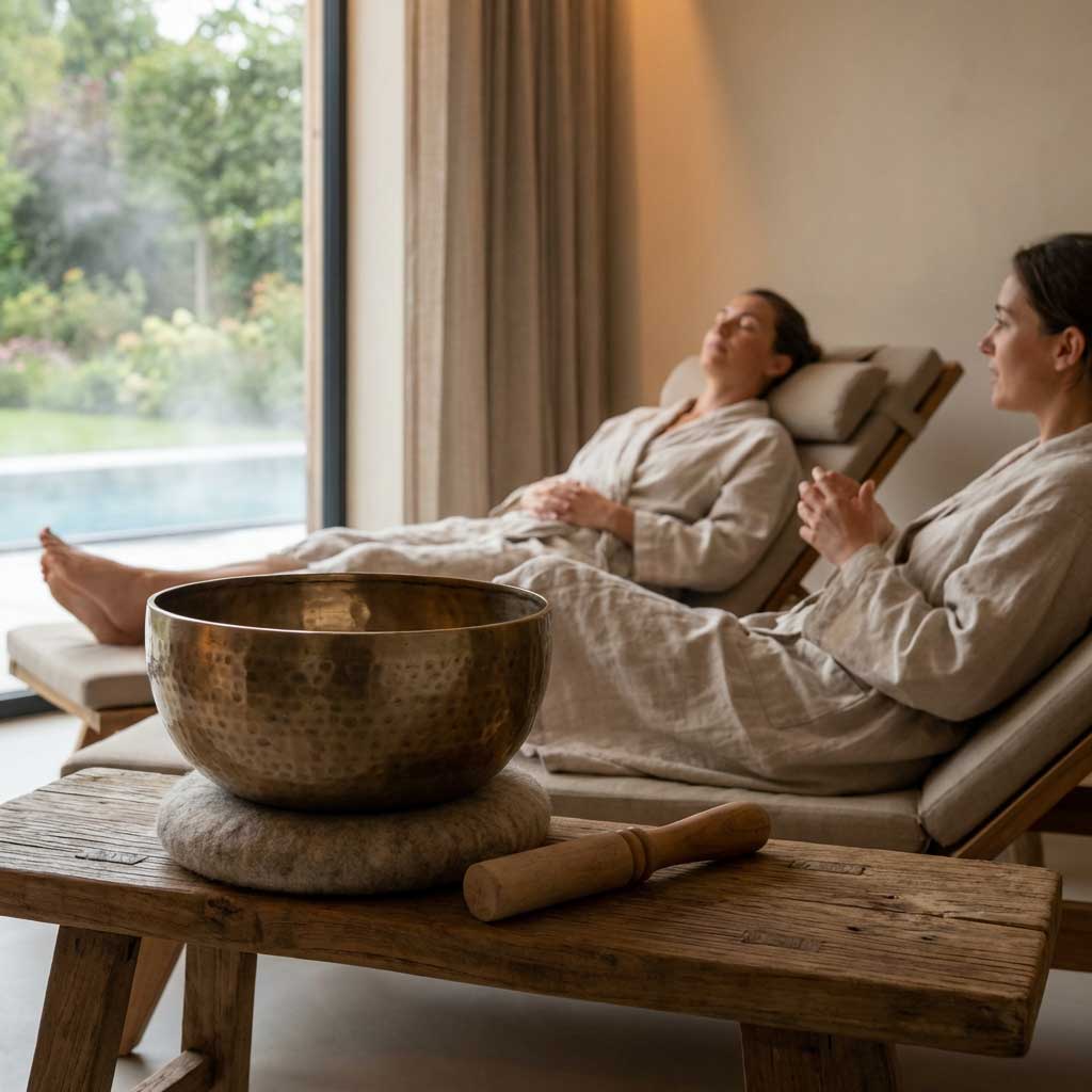 Zwei Frauen in Roben entspannen sich mit einer Klangschale. Ein Holzschlägel liegt neben einer Klangschale aus Messing.