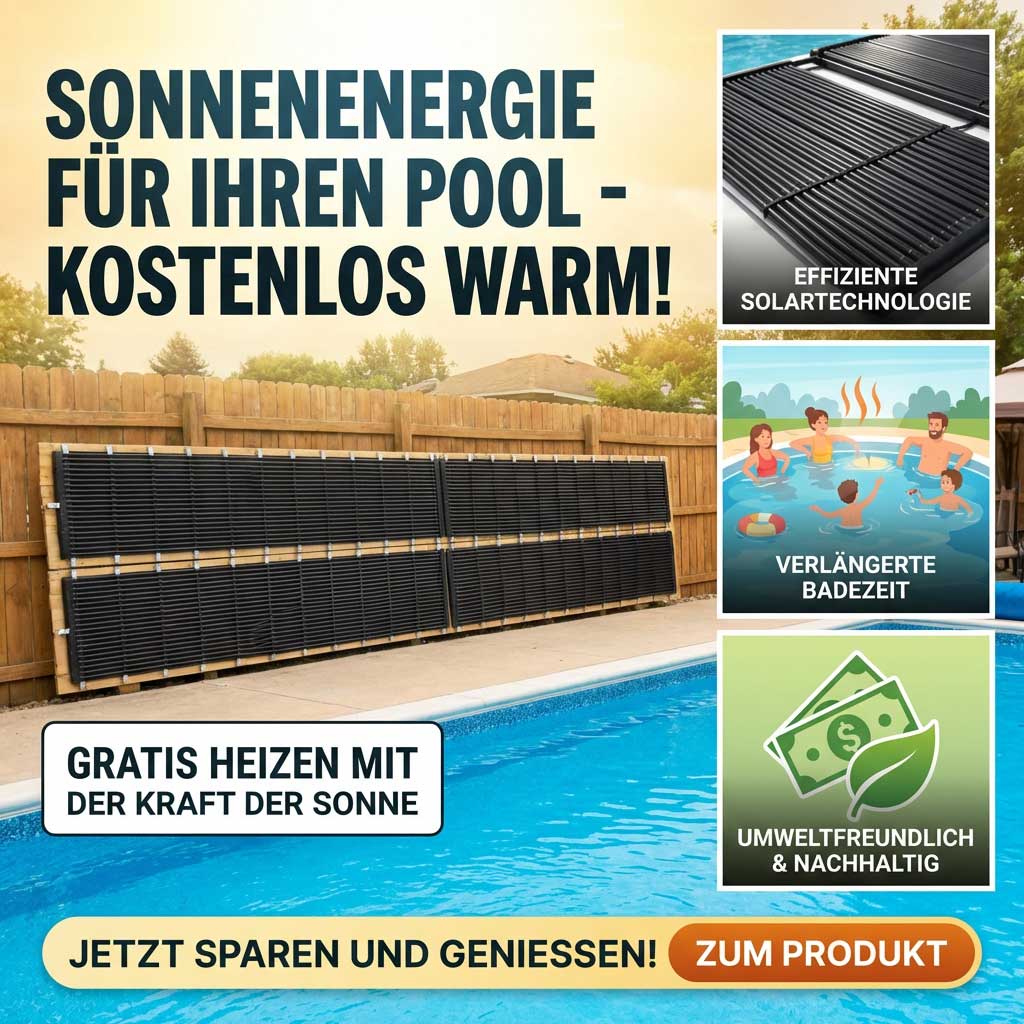 Das Bild zeigt ein Solar-Poolheizungssystem, das effiziente und kostenlose Poolheizungslösungen fördert.