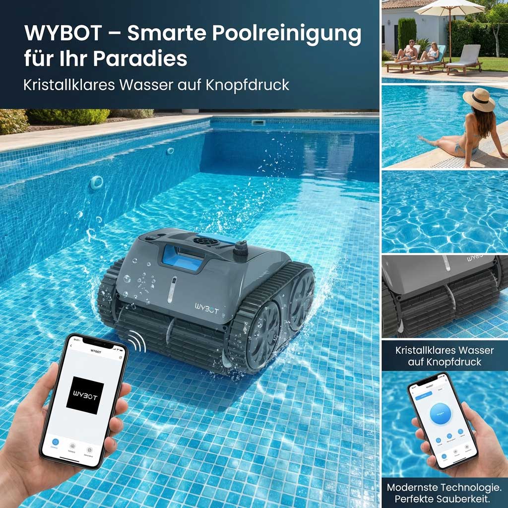 Automatisierter Poolreiniger, der in einem Schwimmbad mit klarem Wasser arbeitet.