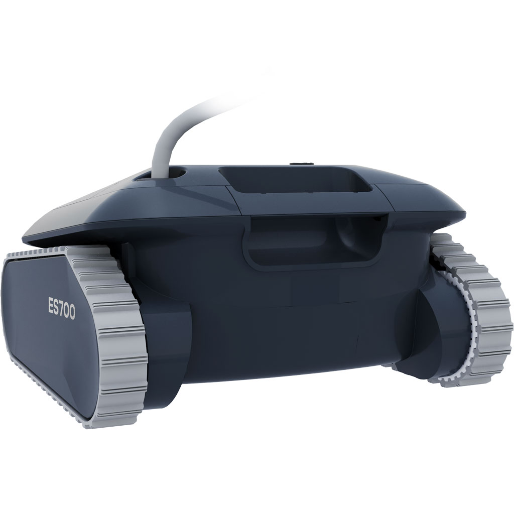 Das Bild zeigt einen Roboter-Poolreiniger, Modell ES700, mit blauem Gehäuse und weißen Trittflächen.