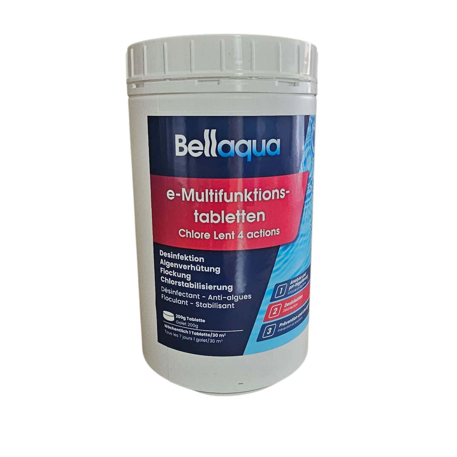 Behälter mit multifunktionalen Chlortabletten für die Poolpflege.