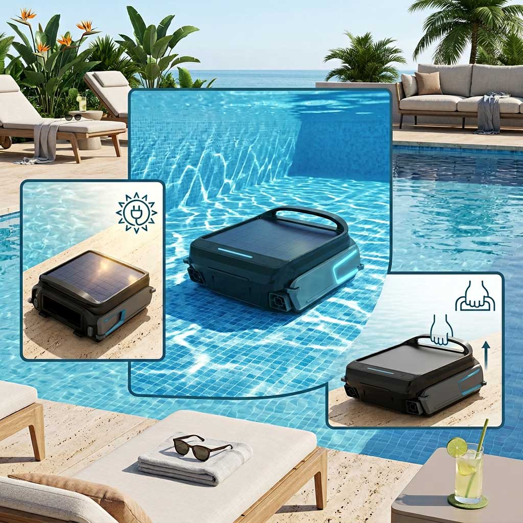 Solarbetriebener Poolreiniger, der in einem klaren, blauen Schwimmbad schwimmt.