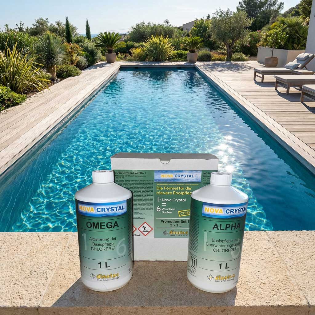 Zwei Ein-Liter-Flaschen Poolpflegeprodukte für einen rechteckigen Pool.