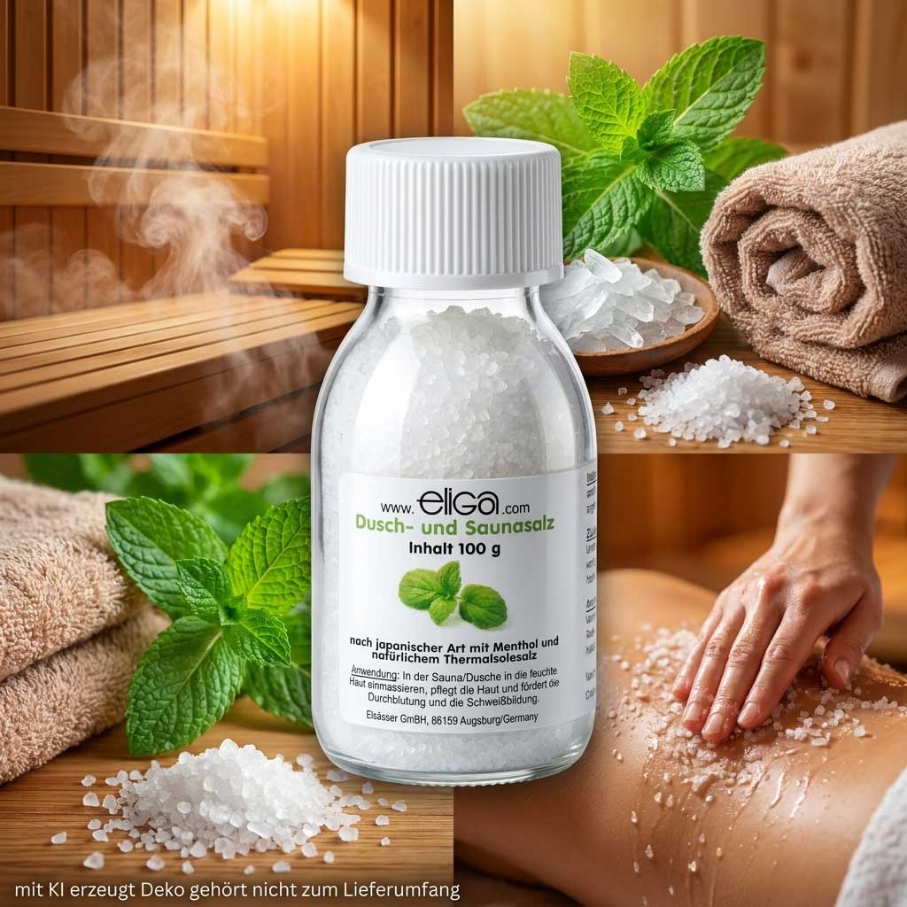 Eine durchsichtige Plastikflasche Eliga Dusch- und Saunasalz mit Menthol, enthält 100 Gramm Salz.