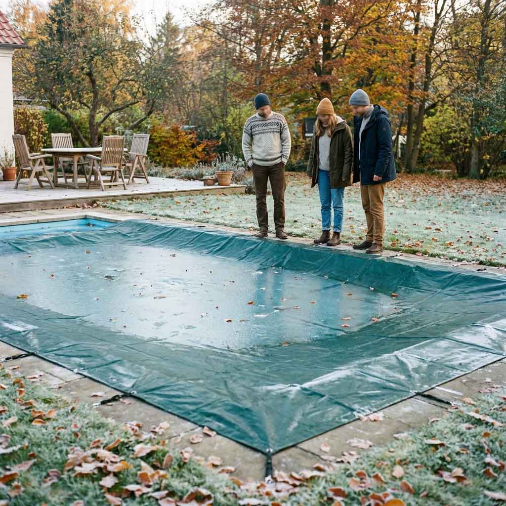 Rechteckiges Schwimmbecken mit grüner Sicherheitsabdeckung, in dessen Nähe drei Personen stehen.