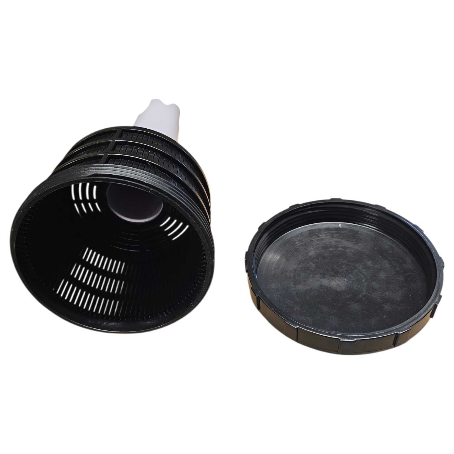 Schwarzer Poolfilterkorb und Deckel für effiziente Wasserfiltration.