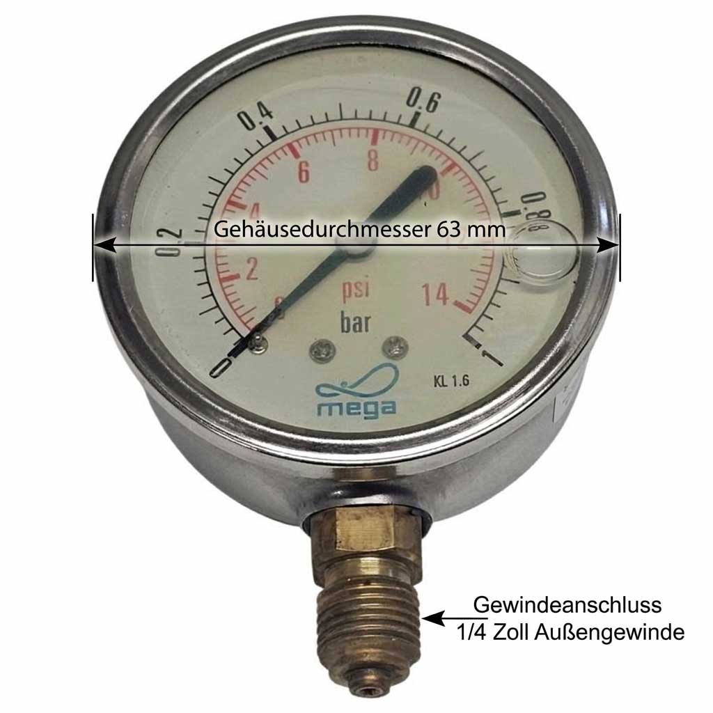 Manometer mit einem Durchmesser von 63 mm, Messung in psi und bar.
