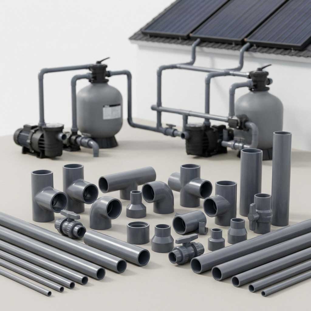Komponenten eines Poolfiltersystems mit Pumpen, Filtern, Sonnenkollektoren und PVC-Rohrleitungen.