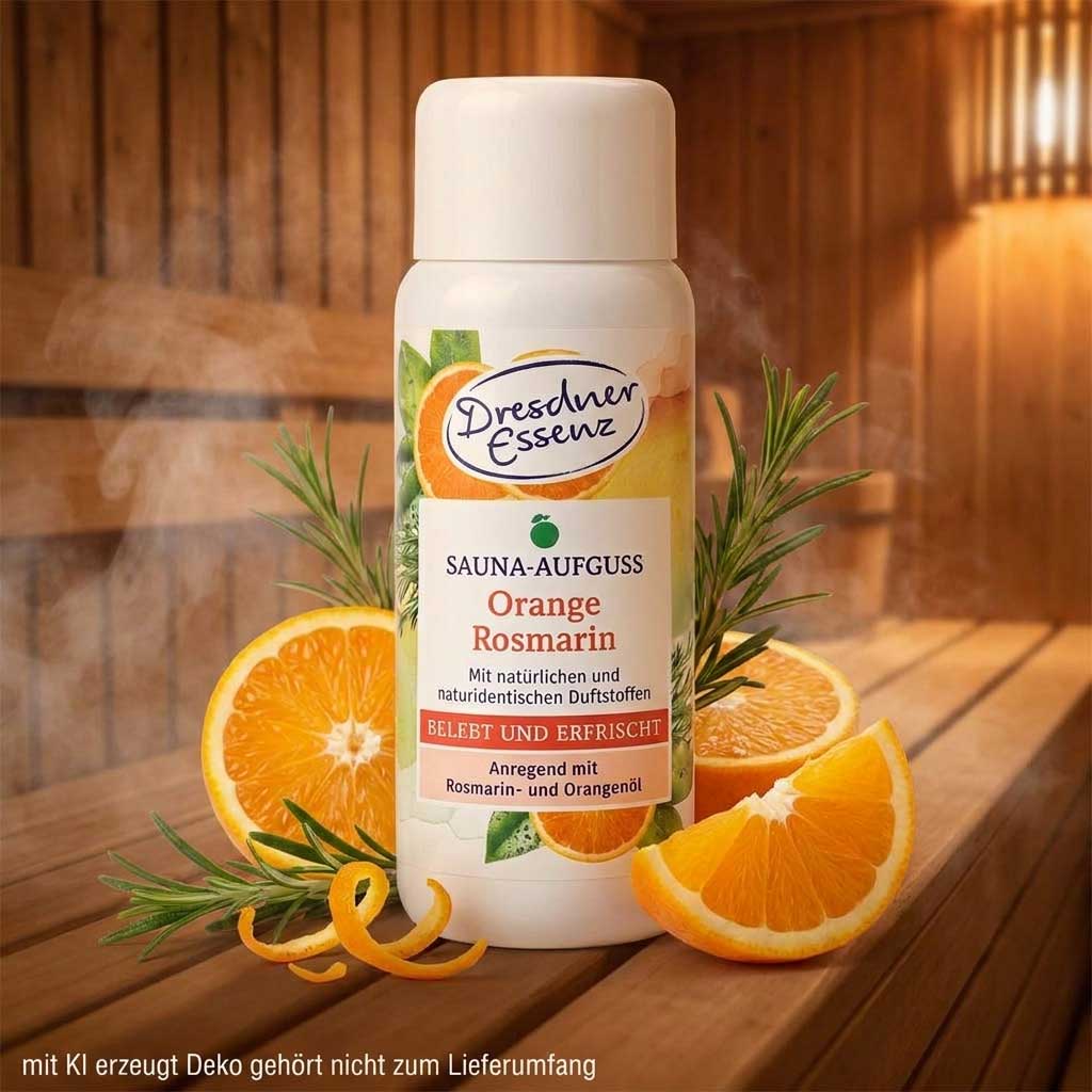 Eine weiße Plastikflasche Dresdner Essenz Saunaaufguss mit Orangen- und Rosmarinduft.