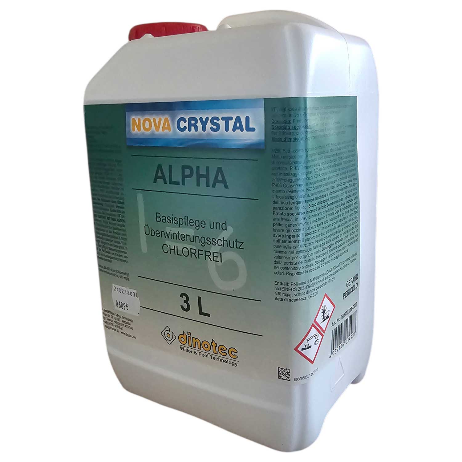 3-Liter-Behälter mit Poolpflegeprodukt Nova Crystal Alpha zum Einwintern; chlorfreie Formel.