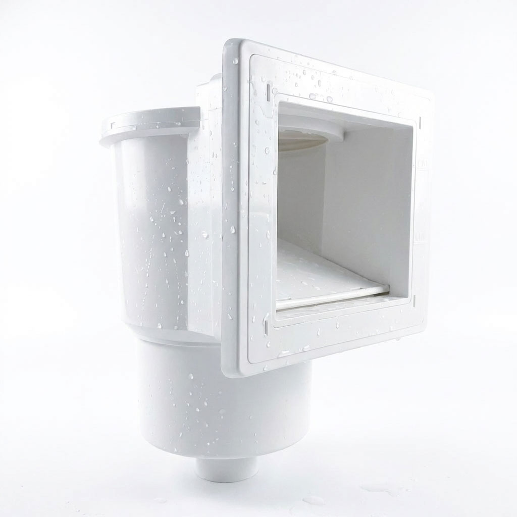 Weißer Poolskimmer mit quadratischer Öffnung und Wassertropfen.