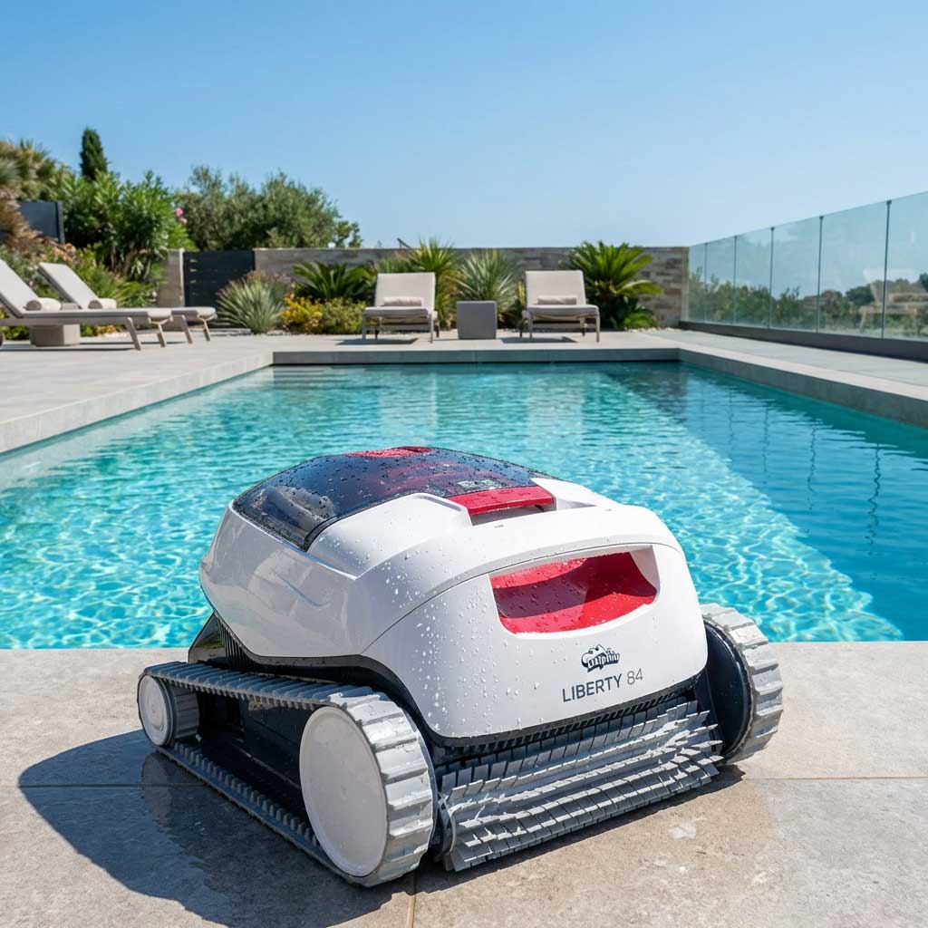 Roboter-Poolreiniger auf der Terrasse neben dem Pool.