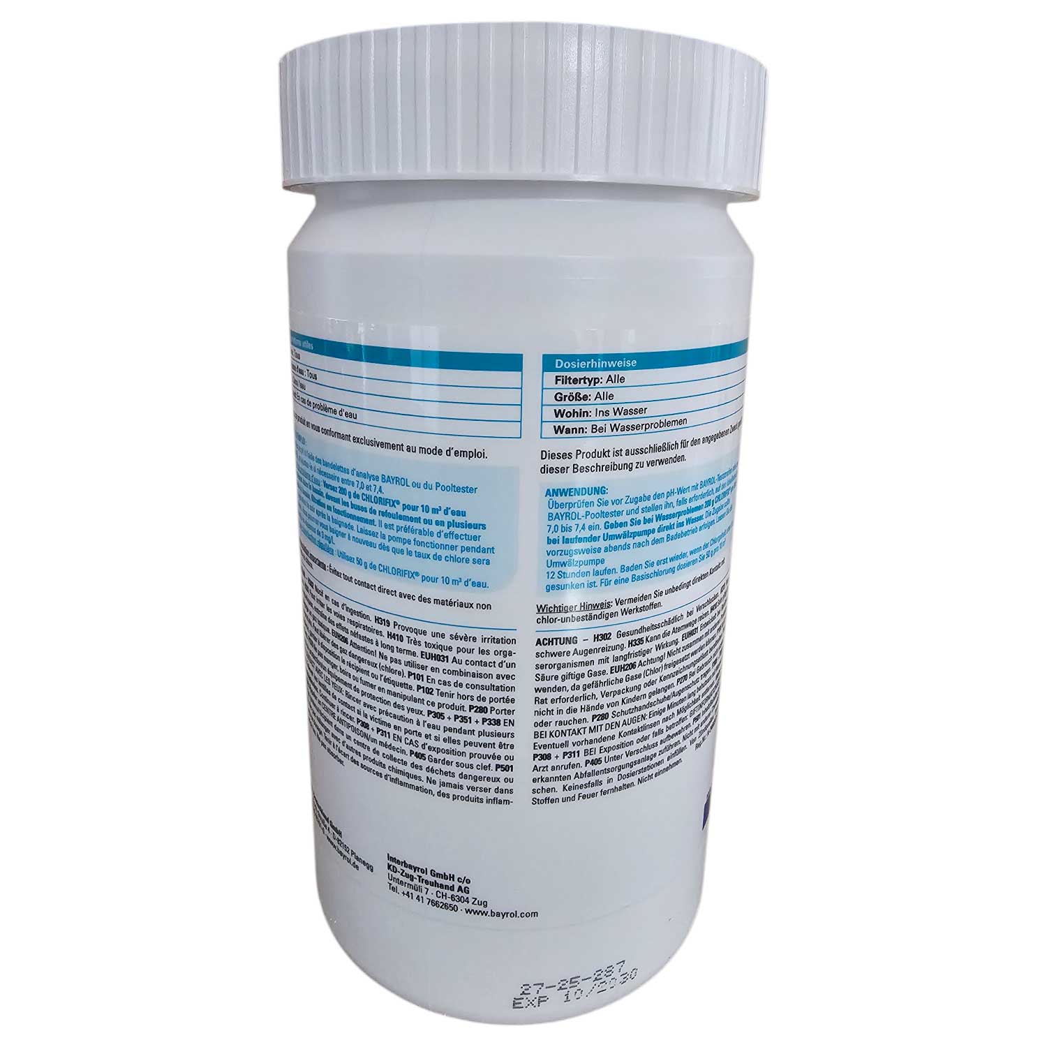 Weißer zylindrischer Behälter mit Schraubdeckel und mehrsprachigen Produktinformationsetiketten.