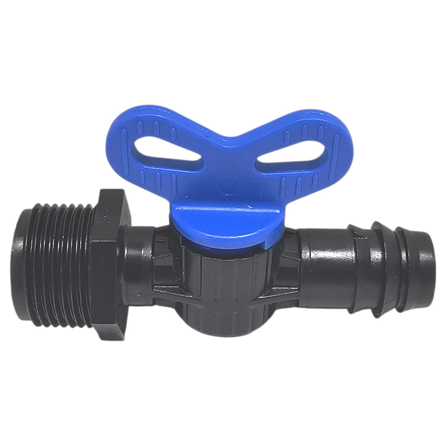 Schwarzes Kunststoffventil mit blauem Griff zur Wasserkontrolle.