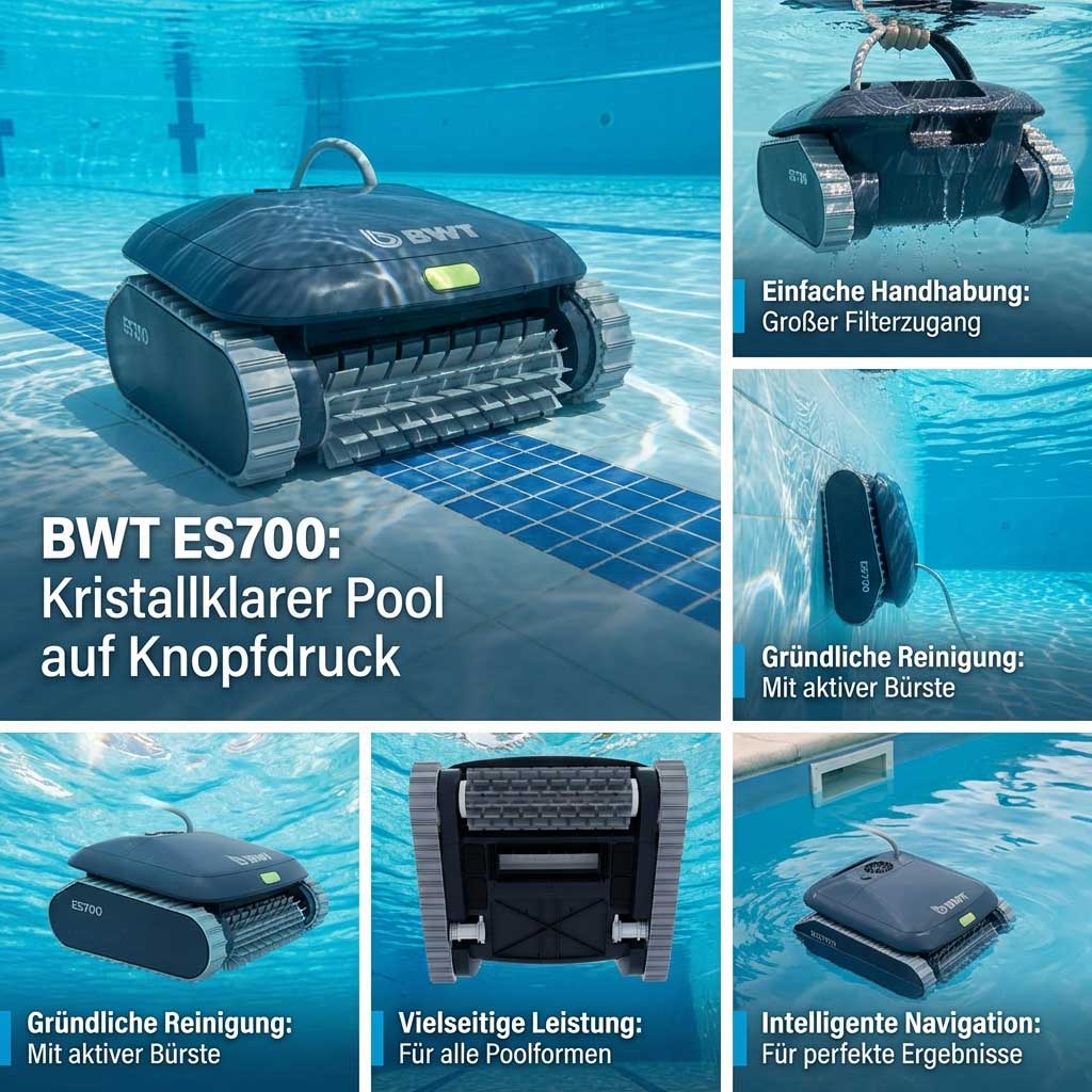 Collage mit den Funktionen des Poolreiniger-Roboters BWT ES700 und verschiedenen Unterwasserwinkeln.