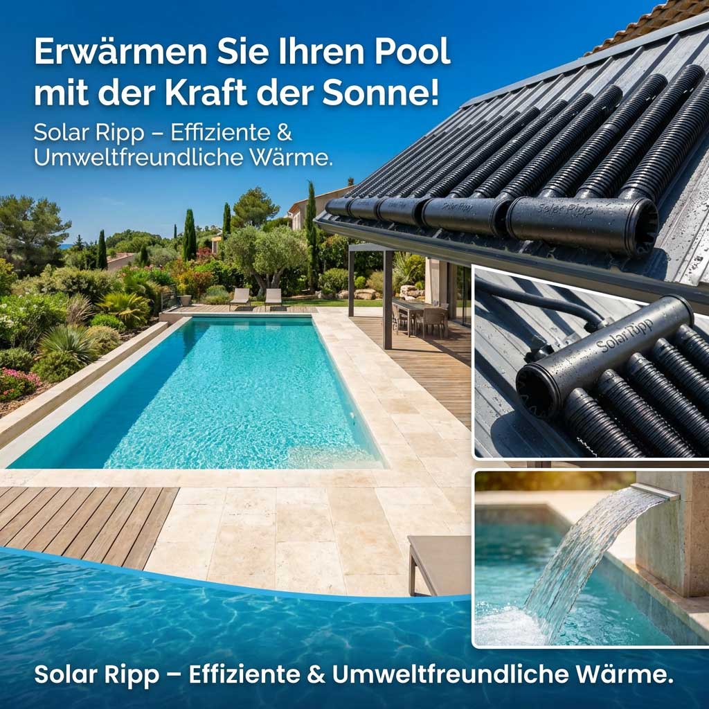 Rechteckiger Pool mit Solaranlage auf dem Dach.