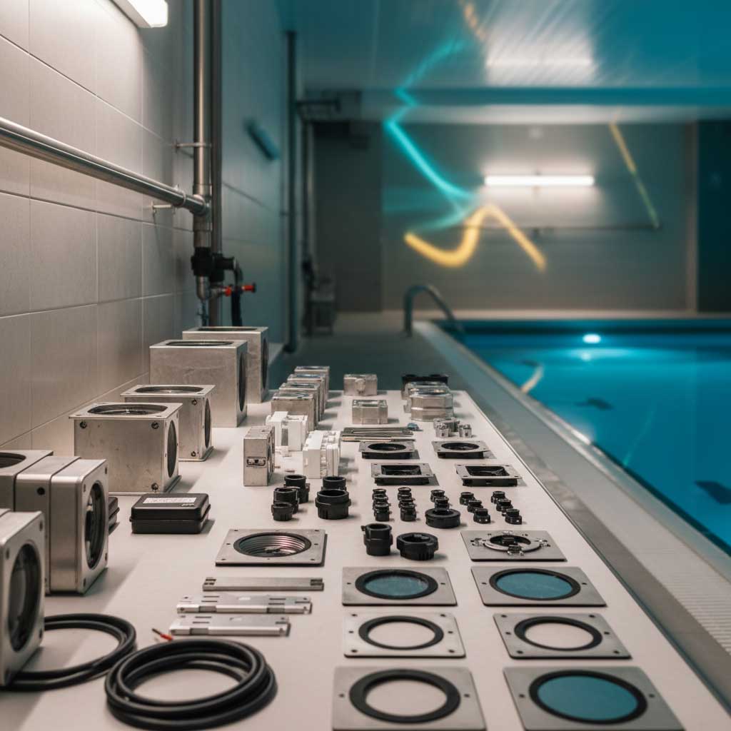 Auf einem Tisch in der Nähe eines Hallenbades sind verschiedene elektromechanische Komponenten ausgestellt.