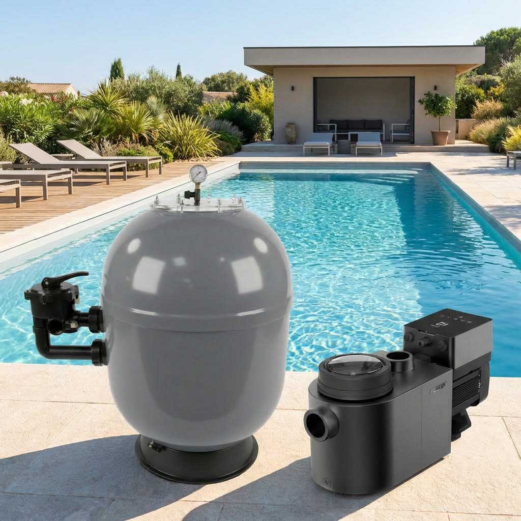 Poolausrüstung einschließlich Filter und Pumpe in der Nähe eines modernen Schwimmbades.