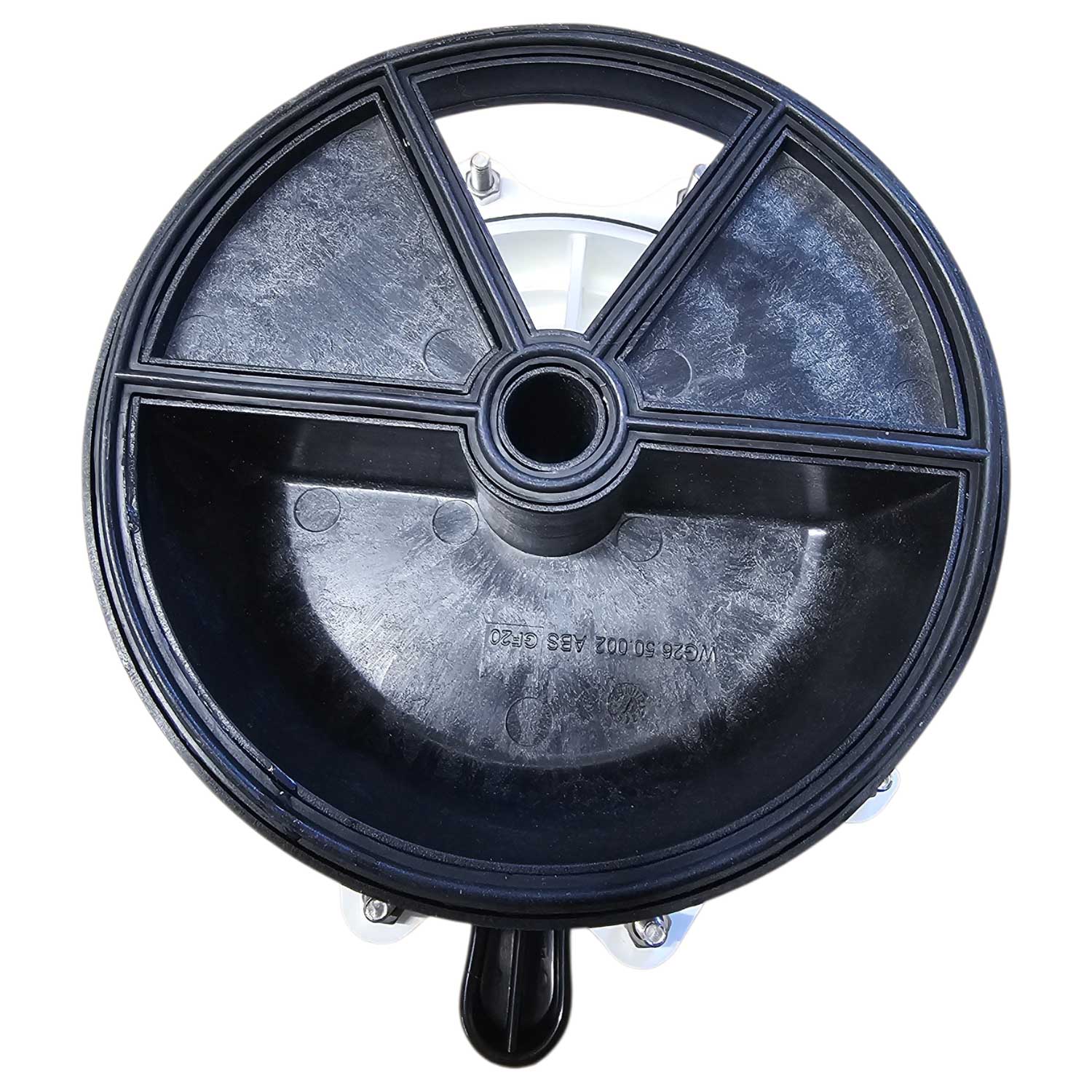 Draufsicht auf ein rundes schwarzes Poolventil mit zentraler Öffnung.