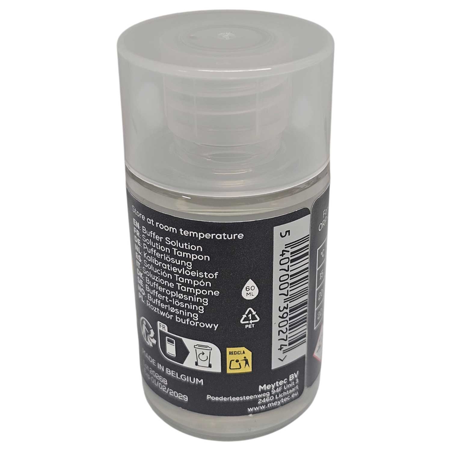 60 ml Pufferlösung in einer transparenten Plastikflasche mit Schraubverschluss.