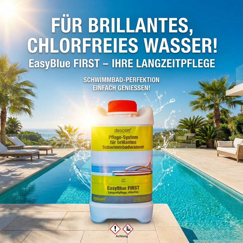 Ein weißer Behälter mit Poolpflegesystemprodukten mit rotem Verschluss, der neben einem Schwimmbad aufgestellt ist.