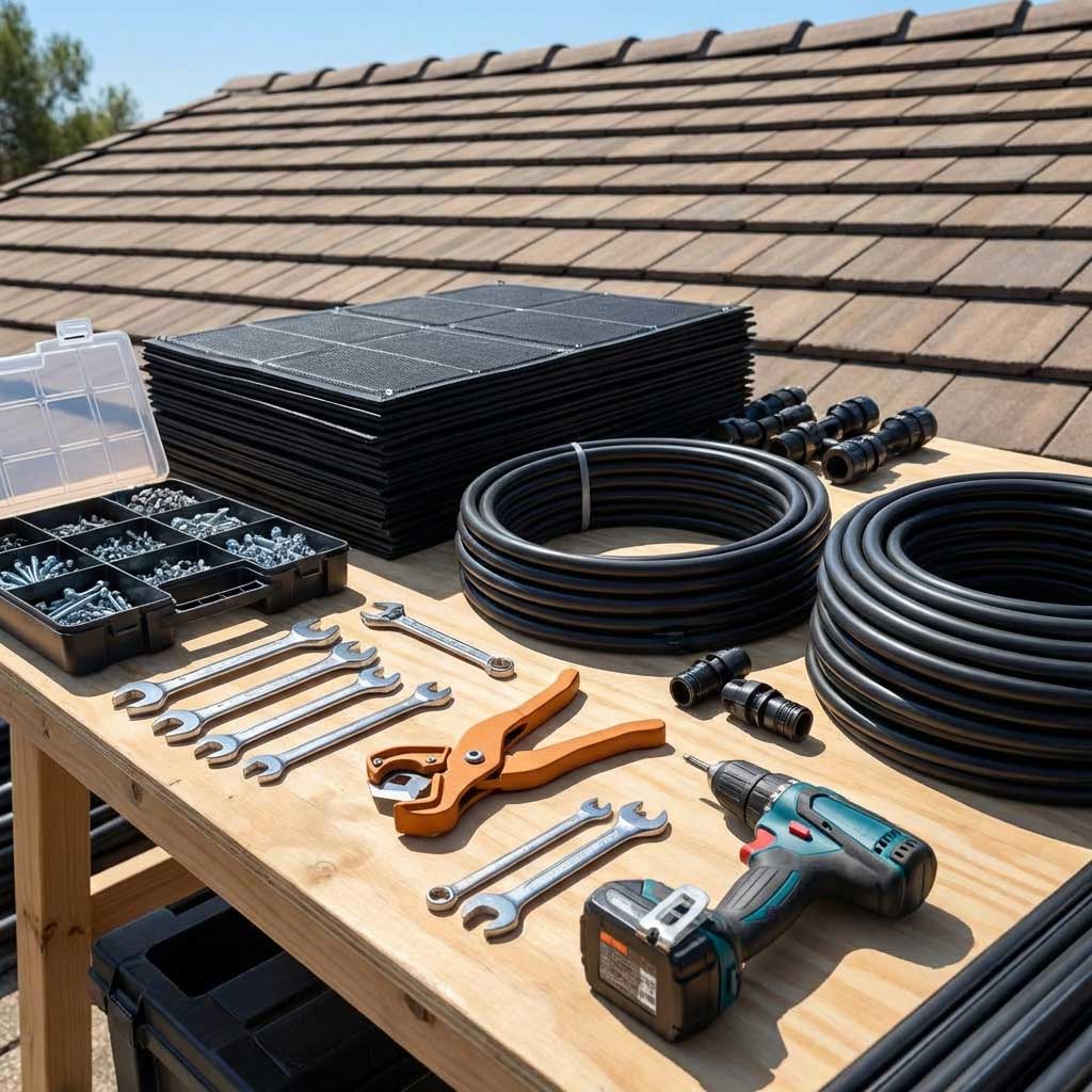 Zu den Installationskomponenten für Solar-Poolheizungen gehören Paneele, Schläuche, Anschlüsse, Werkzeuge und Befestigungselemente.