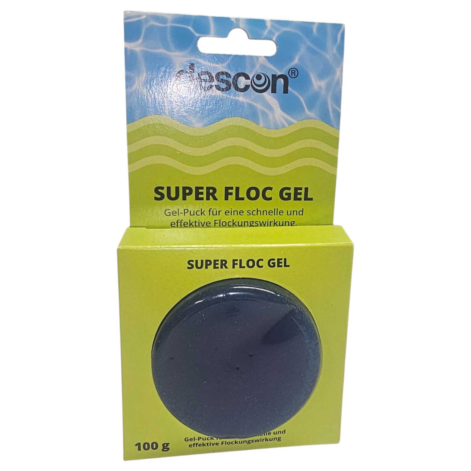 Ein blauer Flockungsmittel-Gel-Puck in einer grünen Kartonverpackung zur Schwimmbadwasseraufbereitung.
