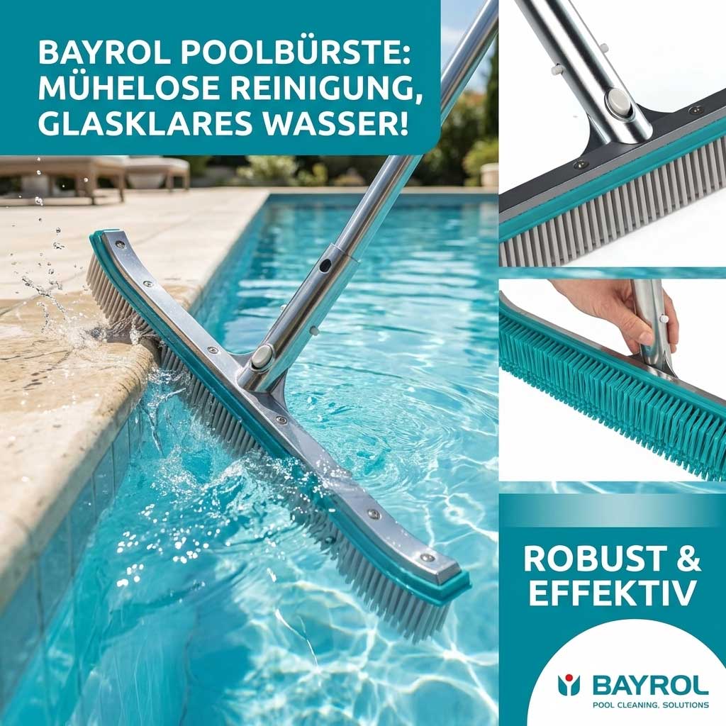 Poolbürste reinigt den Rand eines Schwimmbeckens mit klarem Wasser.