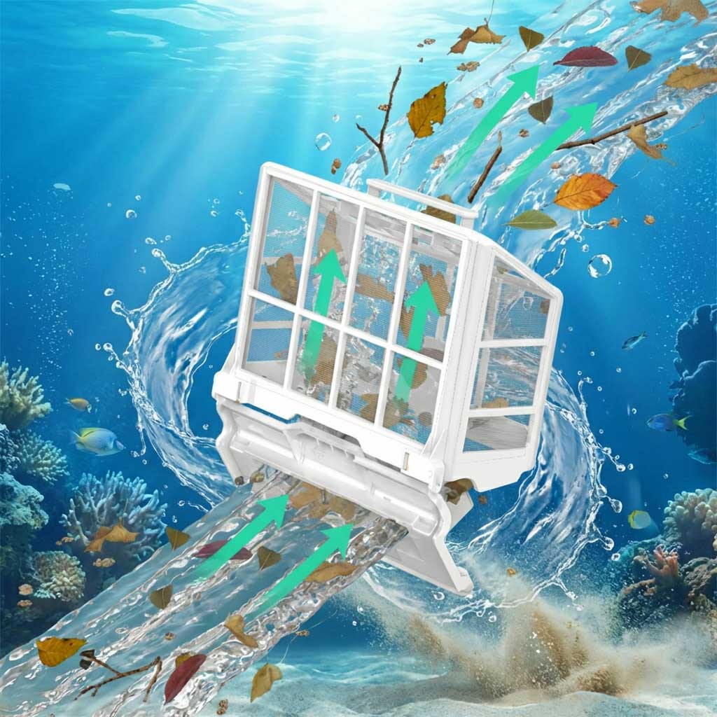 Unterwasser-Poolskimmer mit gefilterten Blättern und Schmutz.