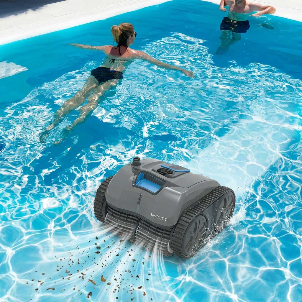 Automatischer Poolreiniger für den Einsatz in einem Schwimmbecken mit klarem Wasser.