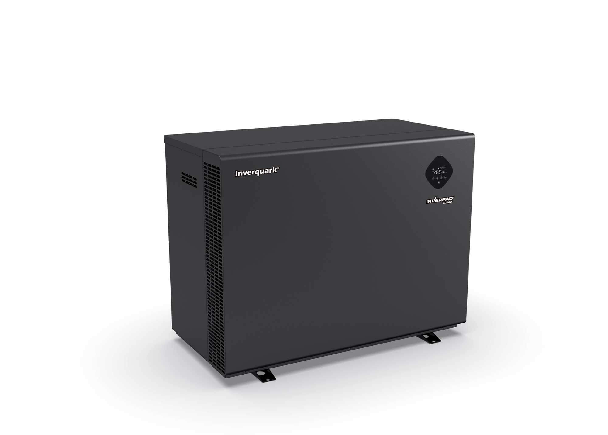 Schwarze Poolwärmepumpe mit Digitalanzeige.