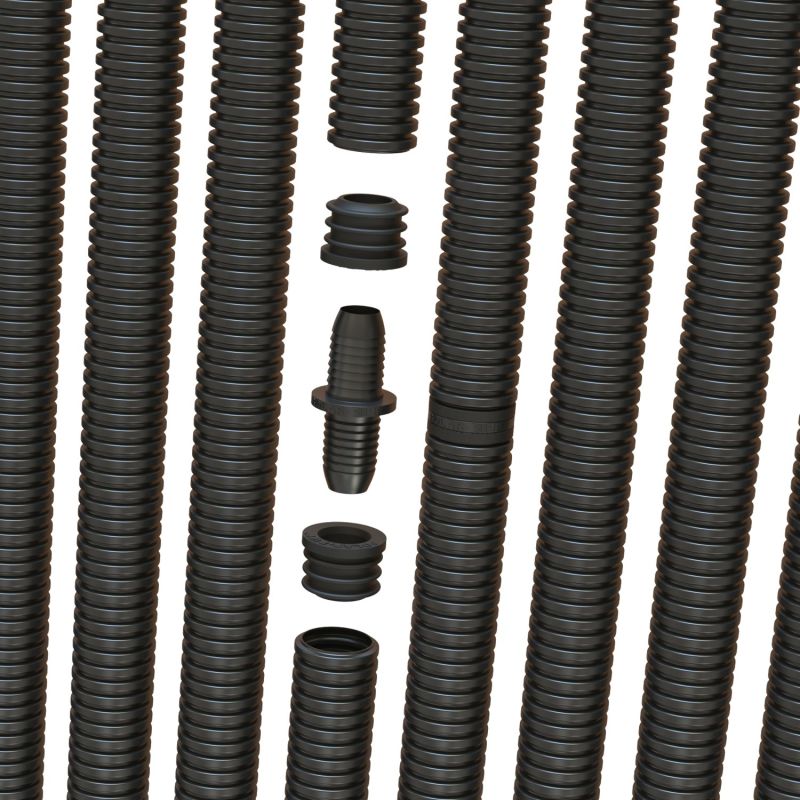 Dargestellt sind schwarze, flexible Wellrohre und Armaturen zum Schutz elektrischer Leitungen.