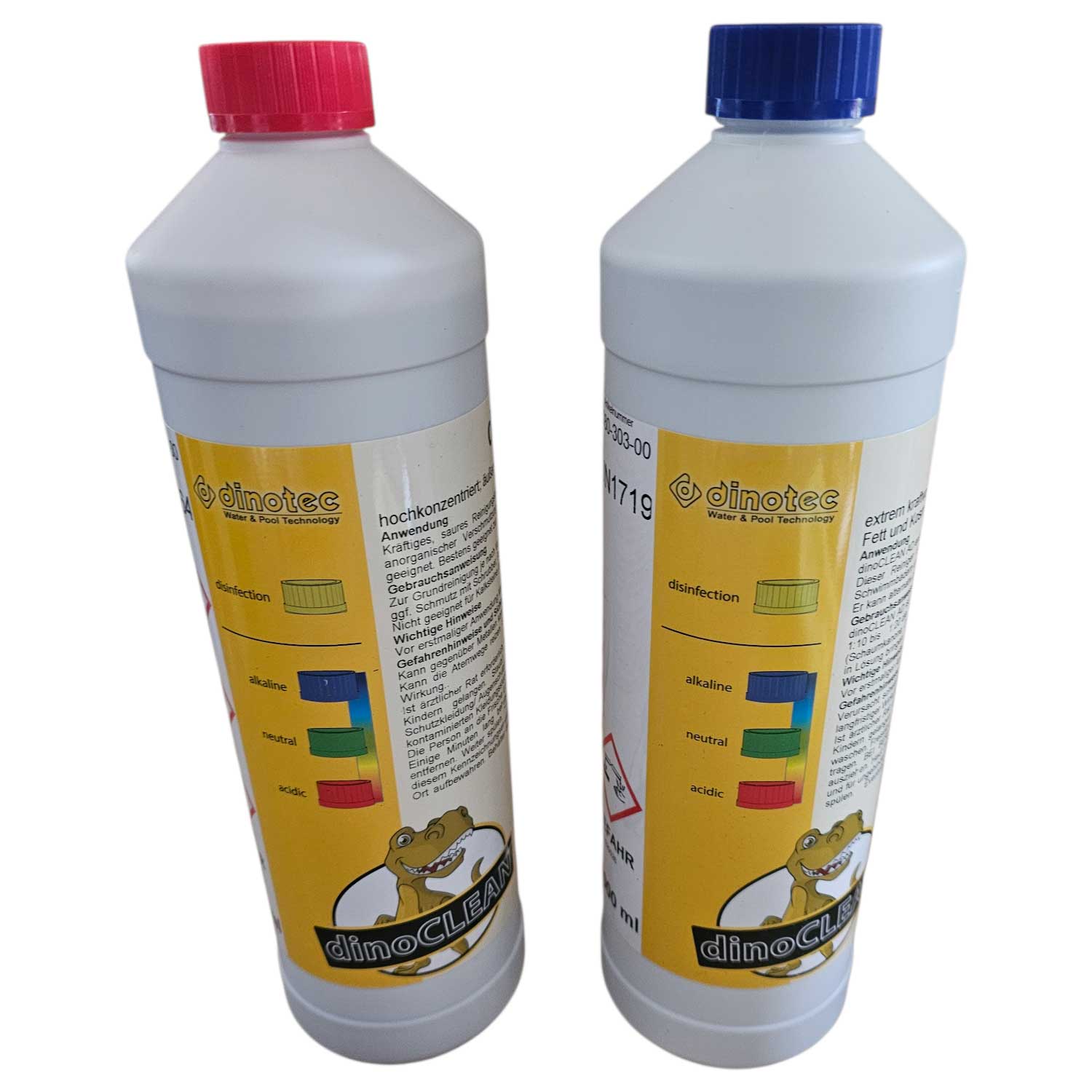 Zwei Flaschen Poolreinigungschemikalien mit farbcodierten Verschlüssen.